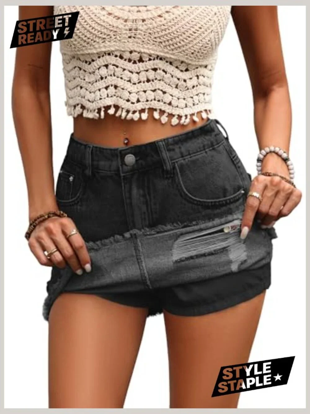 Ripped Denim Mini Skort with Pockets, A-Line Fit, Built-in Shorts - Picture 2 of 7